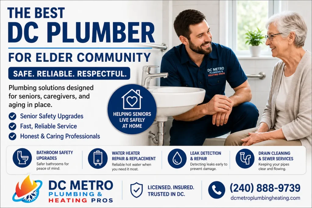 Professional plumber assisting an elderly homeowner with safe and reliable residential plumbing service in Washington, DC