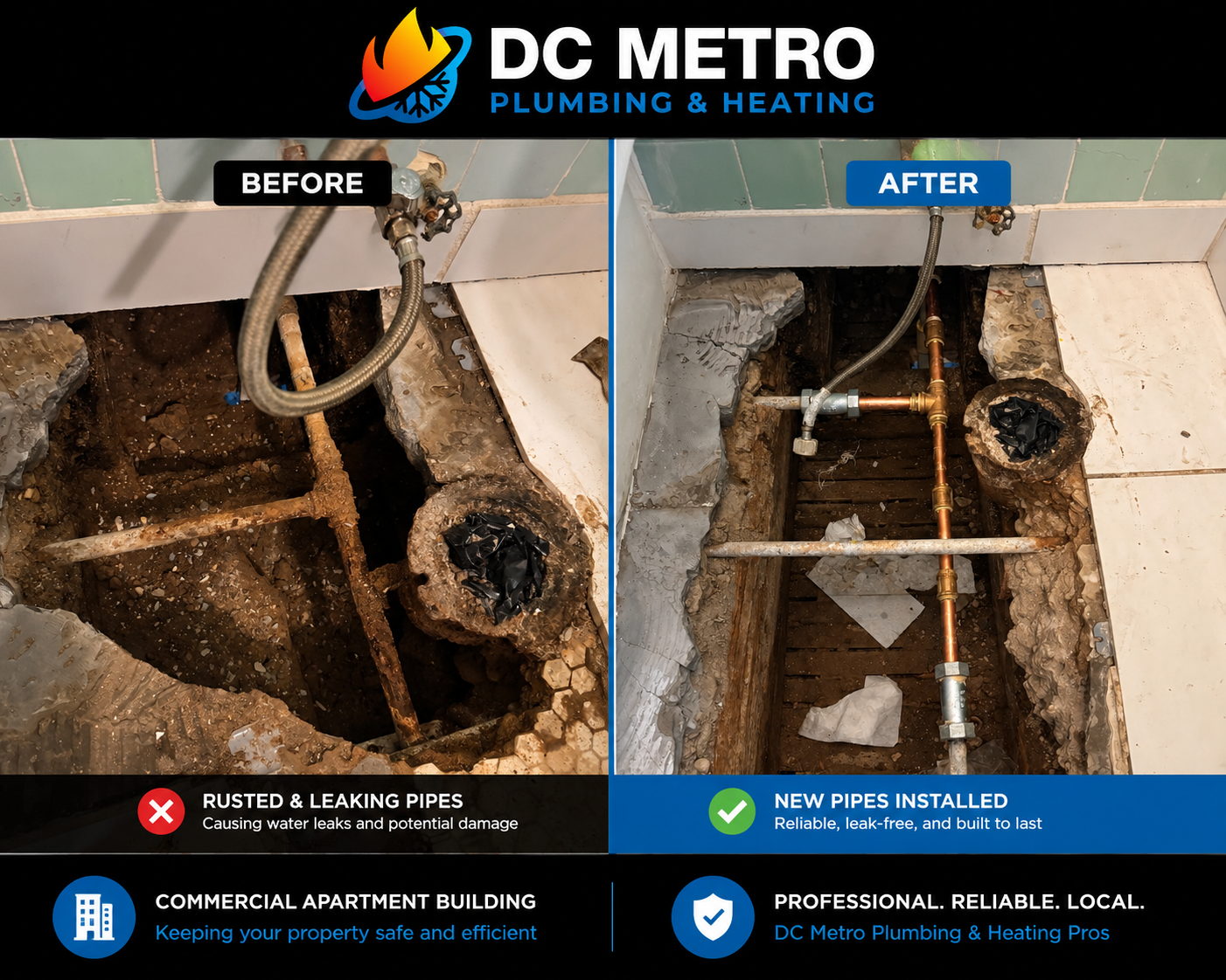 Before and after plumbing repair showcase