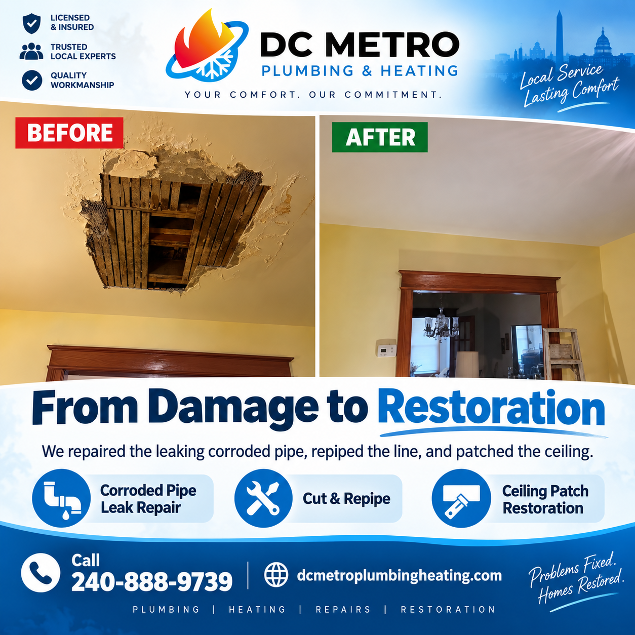 Ceiling repaired after repiping and fixing a leaking bathroom