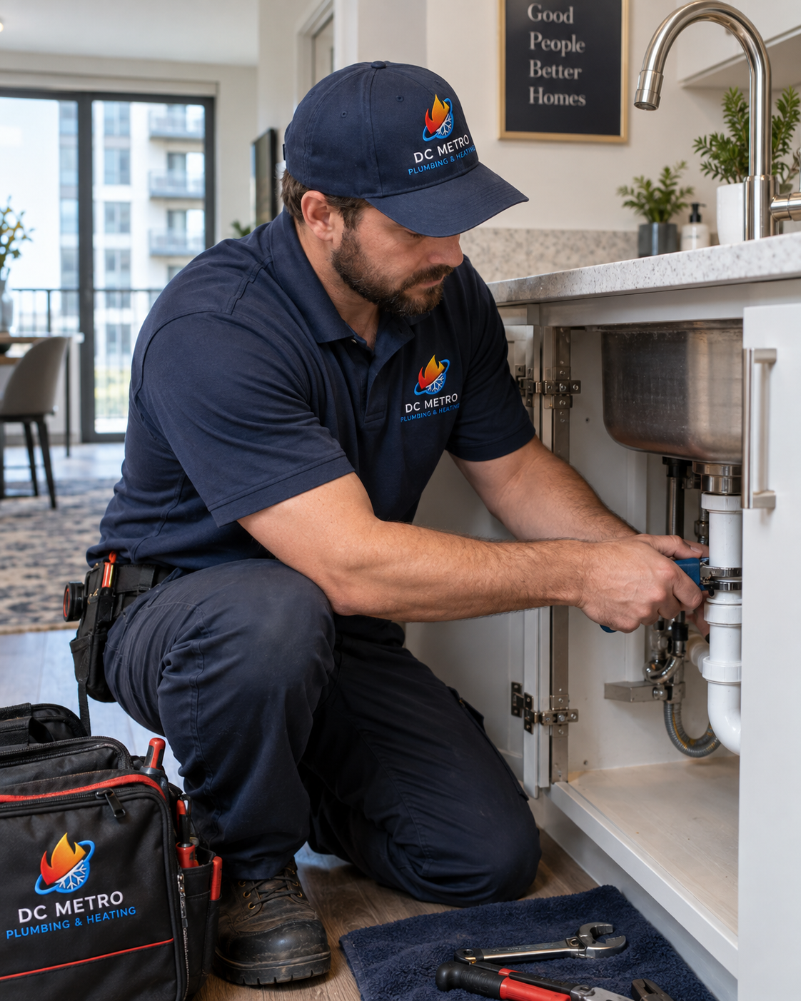 DC Metro Plumbing working in an apartment building