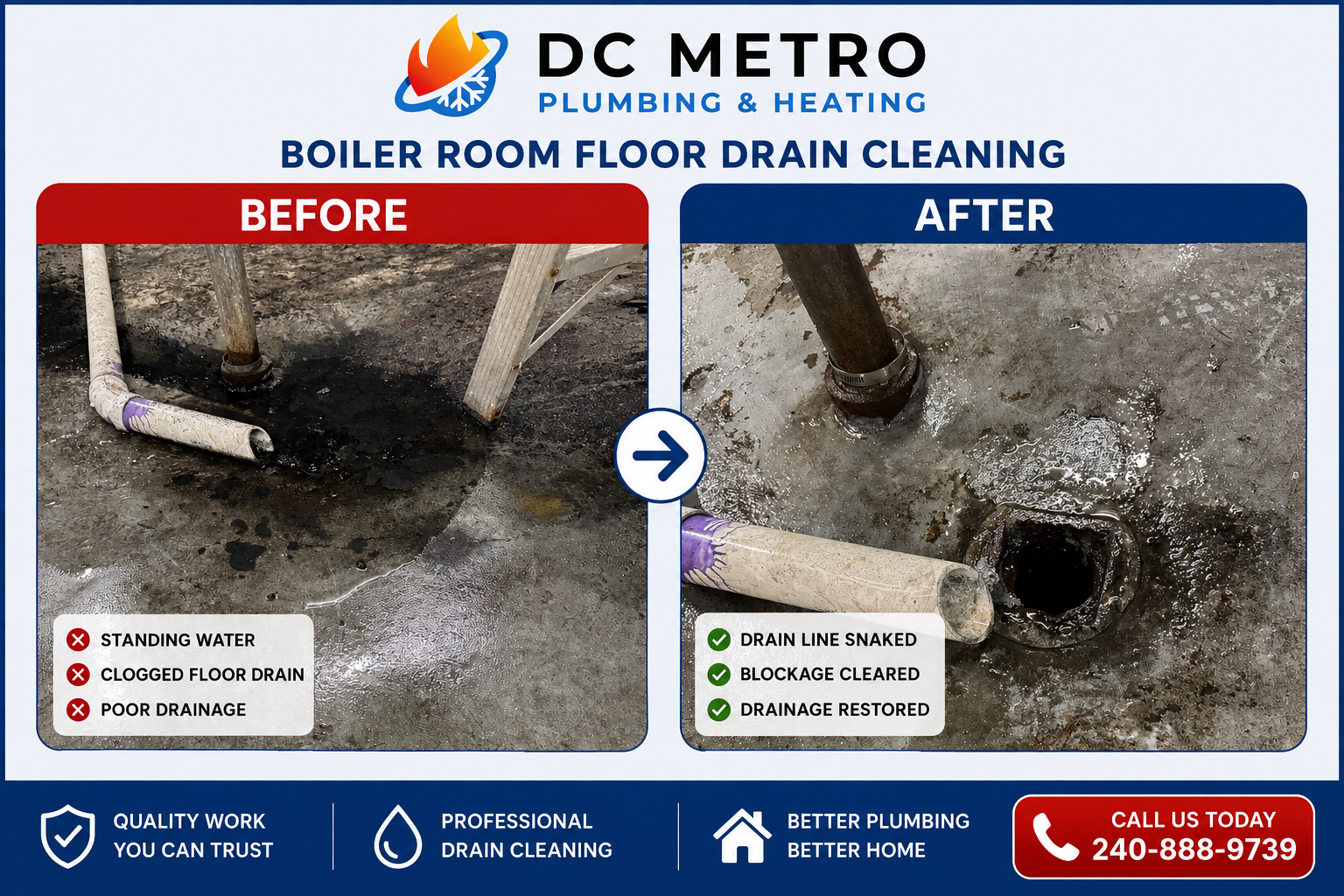 Floor drain cleaning by DC Metro Plumbing