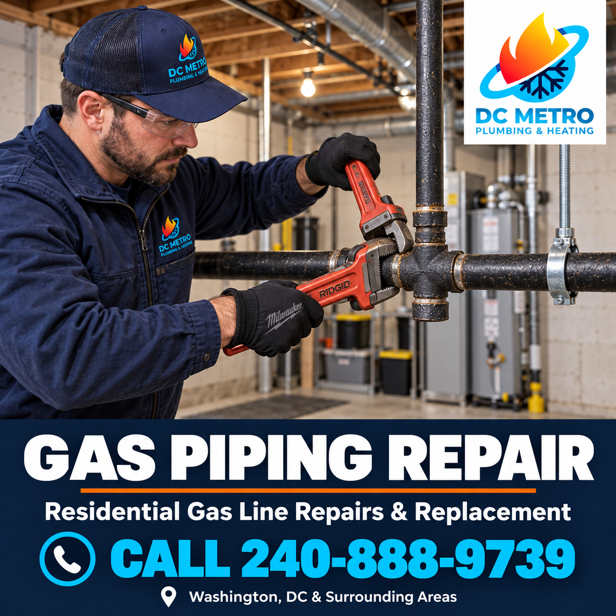 Residential gas pipe repair by DC Metro Plumbing and Heating