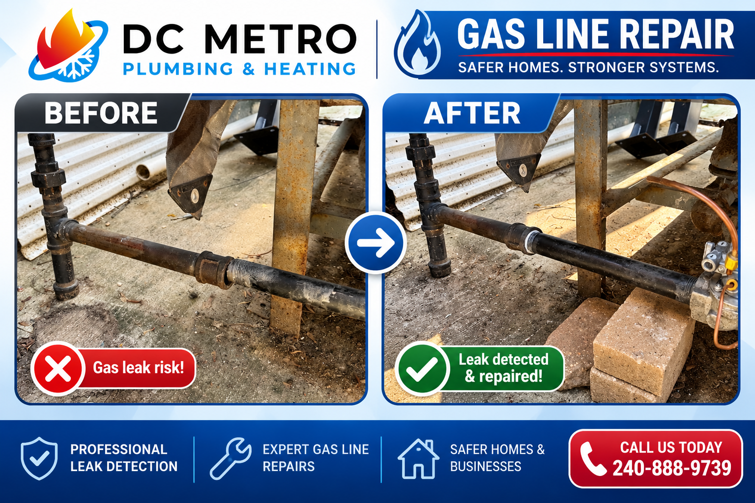 Gas line repair before and after by DC Metro Plumbing and Heating