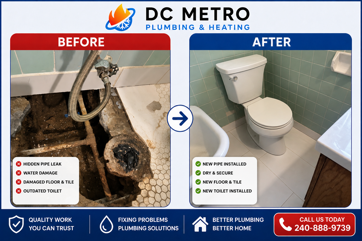 Before and after plumbing transformation by DC Metro Plumbing